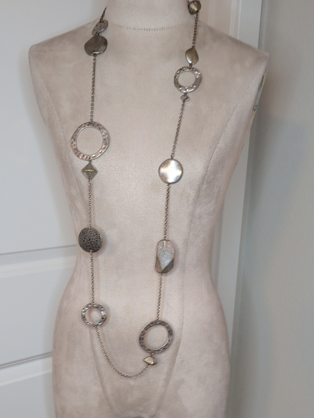 Vintage 70s Long Boho Necklace Silver Tone Metal Hammered Tribal Style 48"